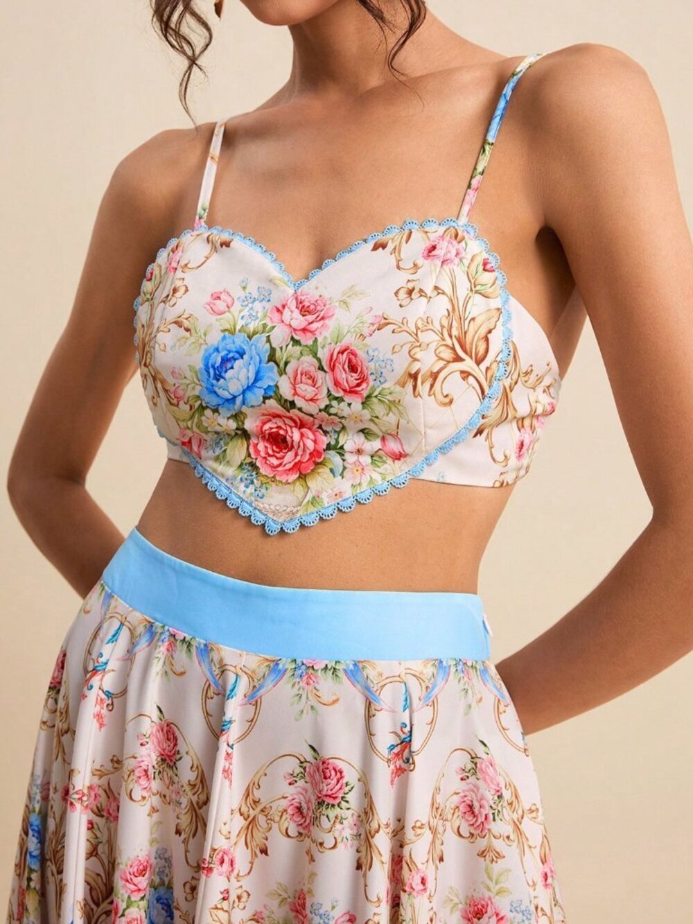 Pink Boho Women's Heart Ruffle Hem Cropped Top And Printed A-Line Mini Skirt Set - Picture 3 of 8